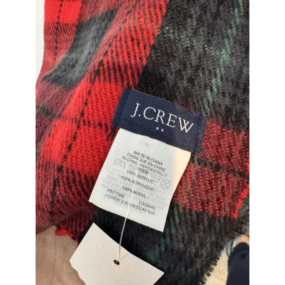 J Crew Scarf Womens One Size Red‎ Black Plaid Fringe Acrylic Winter Cozy